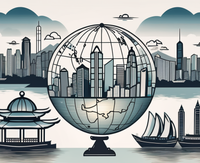 A skyline of hong kong with iconic landmarks