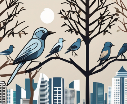 A collection of ten different bird species (representing twitter) perched on a branch of a tree (representing an international school)