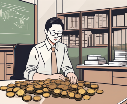A classroom setting in taiwan with a stack of coins on the teacher's desk