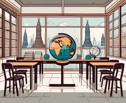 A classroom with desks and chairs