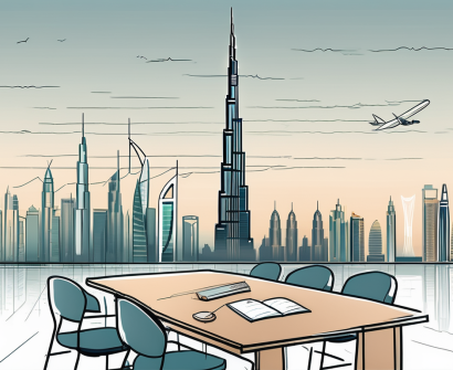 A classroom setting with a view of dubai's skyline