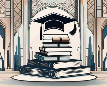 A balanced scale with a graduation cap and a book on each side