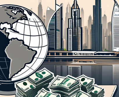 A stack of currency with a backdrop of dubai's iconic skyline