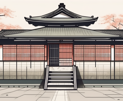 A traditional japanese school building with visible barriers such as a high wall
