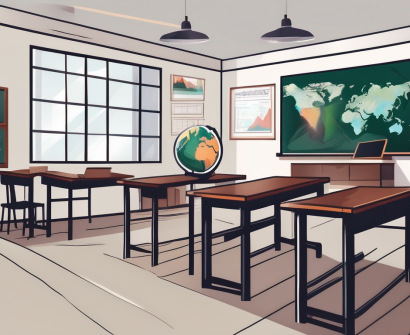 A classroom setting with a chalkboard