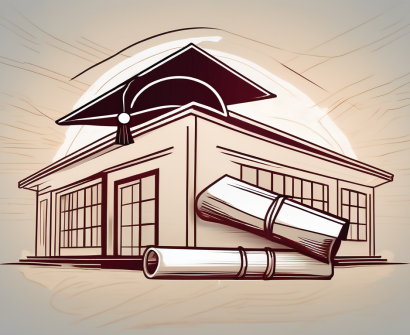 A traditional thai schoolhouse with a graduation cap and diploma placed prominently on the foreground to symbolize a master's in education