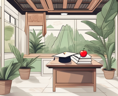 A classroom setting with thai architectural elements