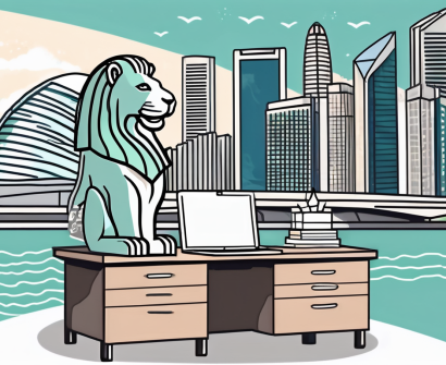 A classroom setting with singapore's iconic landmarks like marina bay sands and merlion in the background