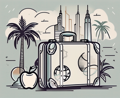 A suitcase open with symbols of teaching like an apple
