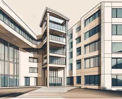 An international school building in bulgaria with a symbolic hourglass nearby