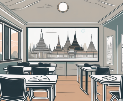 A classroom setting with a view of thailand's iconic landmarks in the background