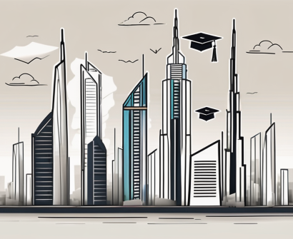 A symbolic representation of dubai's skyline with graduation caps floating in the air
