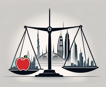 A balanced scale with iconic dubai landmarks on one side and educational symbols (like a graduation cap
