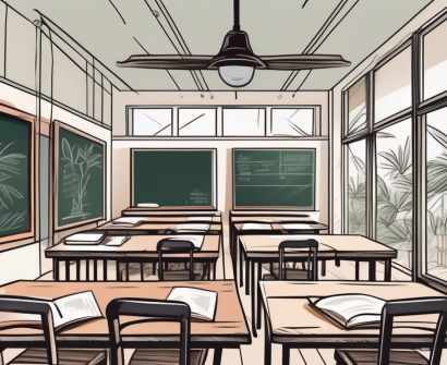 A scenic thai classroom with a chalkboard
