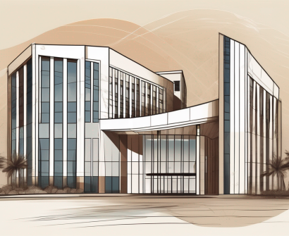 An international school building in dubai with a symbolic hourglass next to it