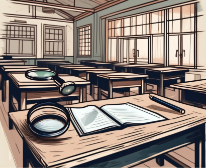 A traditional thai schoolhouse with a magnifying glass hovering over it