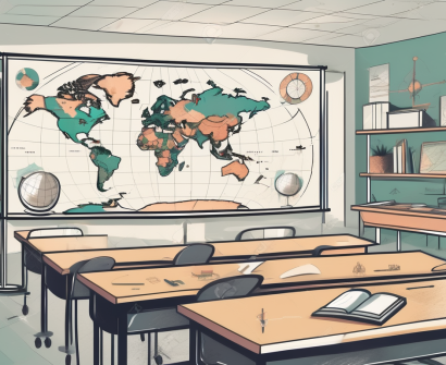 A modern classroom with a global map highlighting the united arab emirates