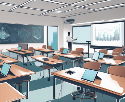 A modern classroom in dubai showcasing four different types of technology such as smartboards
