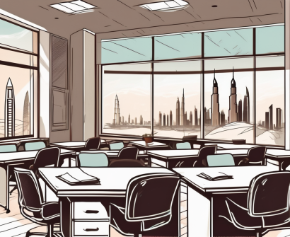 A classroom with empty desks and chairs