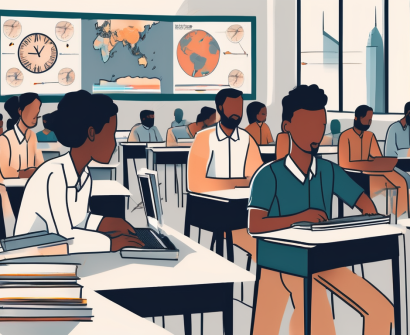 A multicultural classroom setting in dubai with various teaching tools and resources