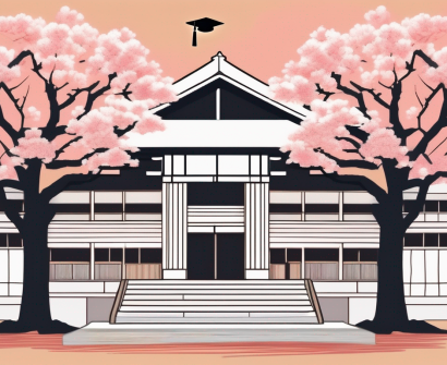 A traditional japanese school building with sakura trees around