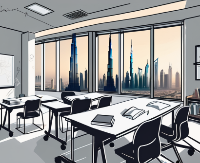 A classroom setting in dubai with a view of the skyline in the background