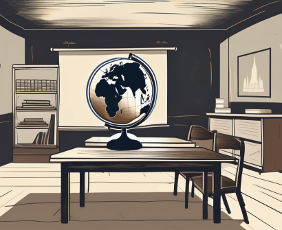 A classroom setting with a globe
