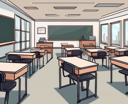 A classroom scene in dubai with empty desks
