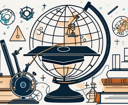 A globe with various educational symbols like books