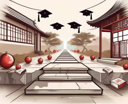 A symbolic pathway leading towards a traditional chinese schoolhouse