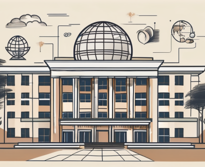 An international school building in indonesia with a symbolic timeline showing various educational symbols