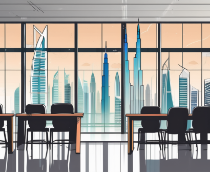 A modern classroom with a dubai skyline visible through the window