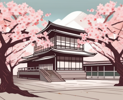 A traditional japanese school building with international flags fluttering in the breeze