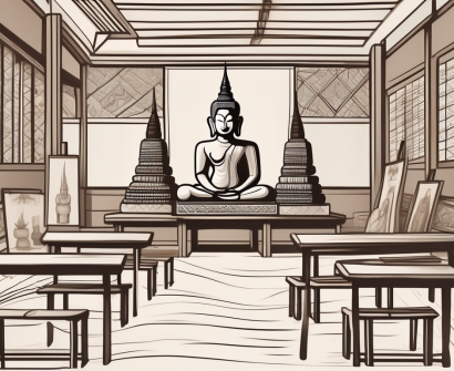 A traditional thai classroom setting with art supplies like paintbrushes