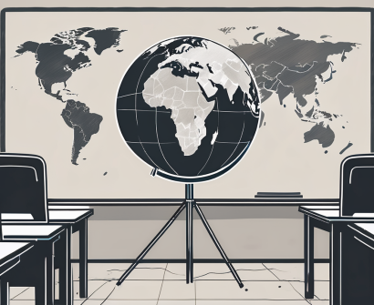 A classroom scene with a globe focusing on china and the philippines