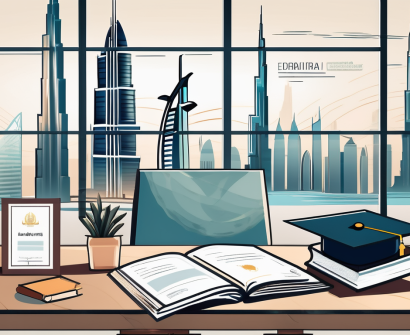 A classroom setting with a backdrop of iconic dubai landmarks
