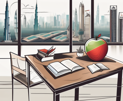 A classroom setting with iconic dubai landmarks in the background