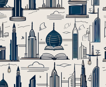 Dubai's iconic skyline with subtle symbols representing education