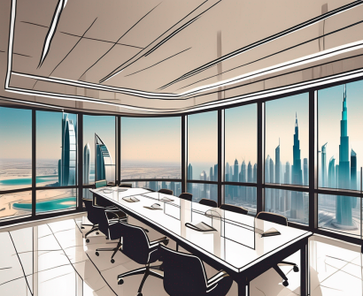A luxurious classroom with a view of the iconic dubai skyline