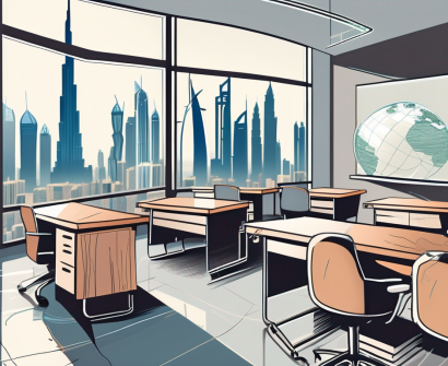 A modern classroom setting in dubai with a view of the city's iconic skyline