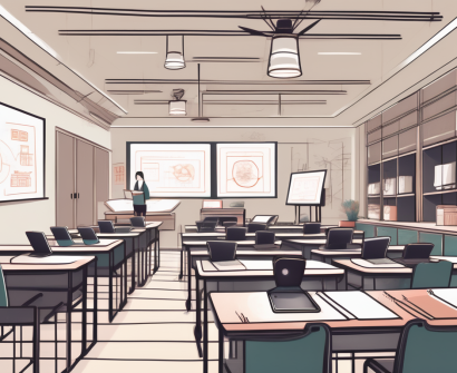 A modern chinese classroom filled with various technological tools such as laptops
