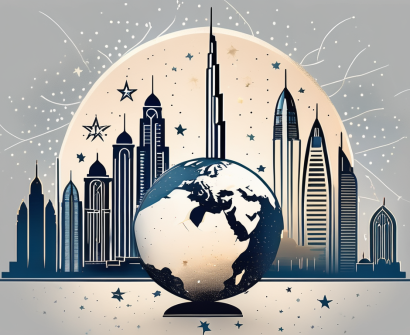 The iconic dubai skyline with seven stars shining brightly above it