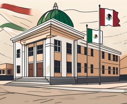 A traditional mexican school building with international flags fluttering around it