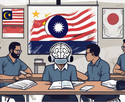 A classroom setting with a malaysian flag