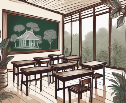 A traditional cambodian classroom setting with a chalkboard