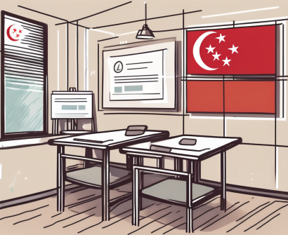 A classroom setting with a singaporean flag