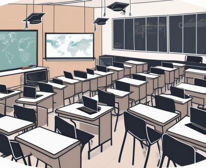 A modern malaysian classroom filled with advanced technological tools such as laptops