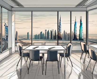 A classroom with american-style decorations overlooking the dubai skyline