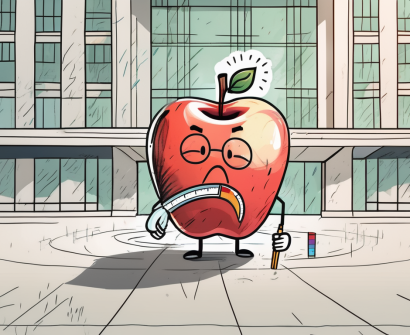 A stressed apple (symbolizing a teacher) with a thermometer in its mouth