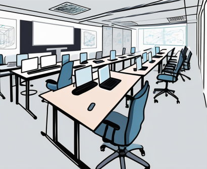 A modern singapore classroom setting with various technological tools such as laptops